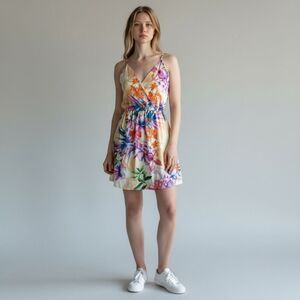 New Glory Floral Beige Spaghetti Strap V Neck Fit And Flare Mini Dress size M